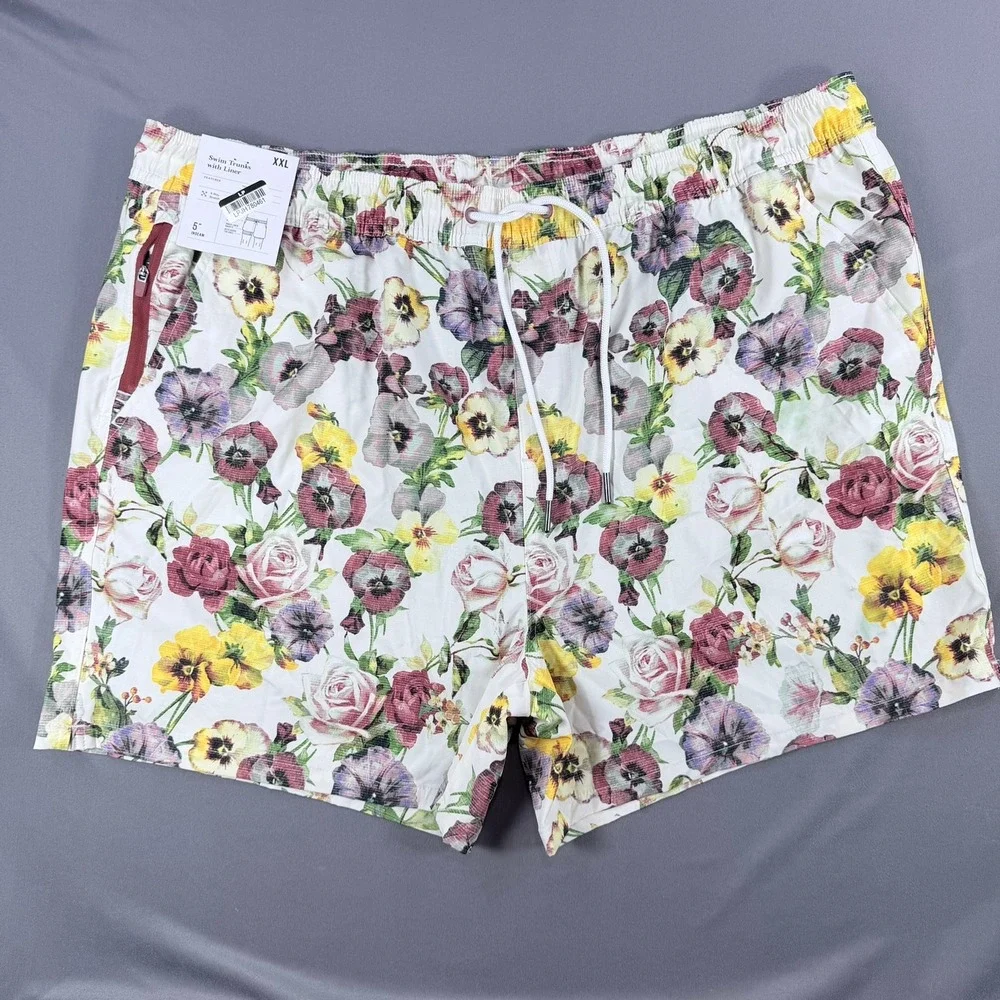 Goodfellow‎ Mens XXL White Floral Stretch 5 inch Inseam Swim Trunks Board Shorts